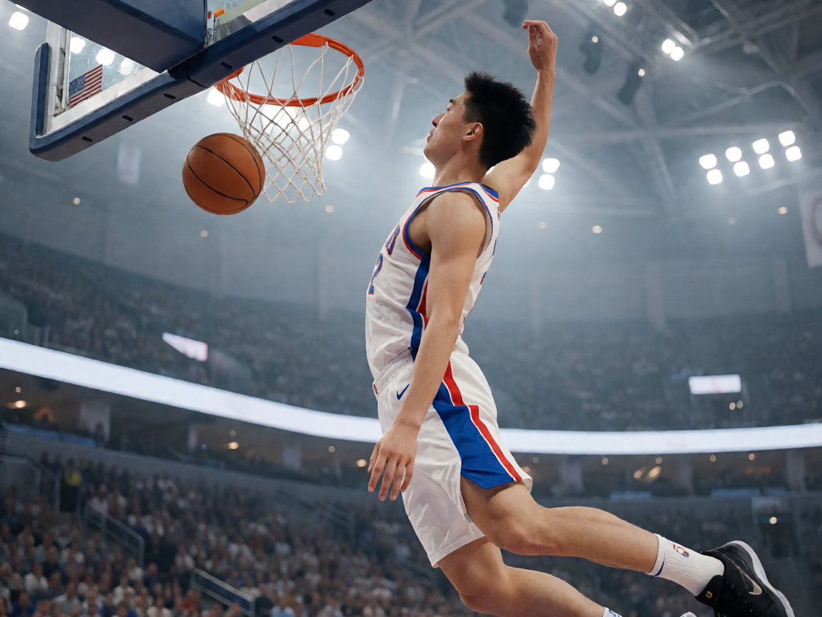 NBA篮球比赛现场，球员在空中扣篮的精彩瞬间